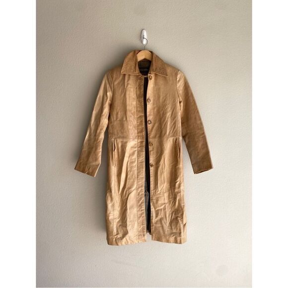 vintage y2k Transmission NY tan leather trench coat - Picture 1 of 7